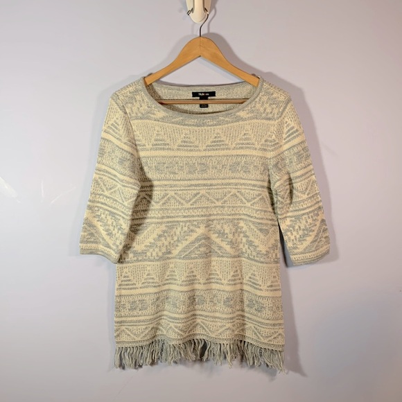 Style & Co blue white Aztec fringe 3/4 sleeve sweater NWT Size medium cotton - Picture 1 of 10